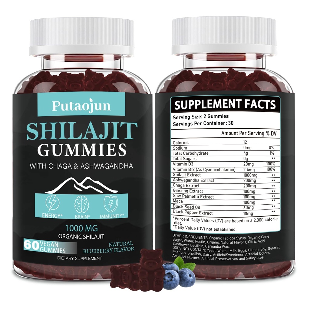 Shilajit for Man,Woman & Kid.Himalayan Gold Shilajit Gummies.1000mg Shilajit,200mg Ashwagandha,200mg Chaga,100mg Ginseng,100mg Saw Palmatto,60mg Black Seed Oil
