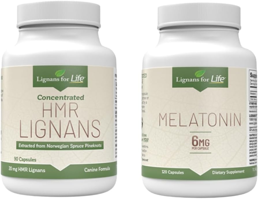 Lignans for Life Care Set Bundle - Natural Multivitamin HMR Lignans for Dogs 20mg, 90 Capsules and Melatonin for Medium Breed Dogs 6mg, 120 Capsules, Vitamine per la salute generale