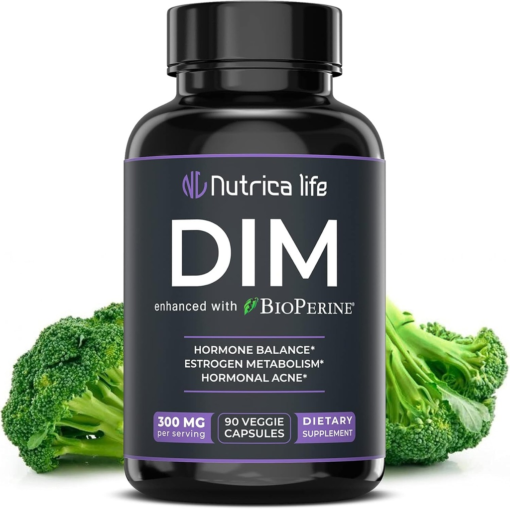 Suplimentul DIM 300mg - Diindolilmetan cu Broccoli & BioPerine - Suport pentru echilibru hormonal pentru femei si barbati, Metabolism estrogen, Menopause Relief & Hormonal Acnee Control - 90 Vegan Caps