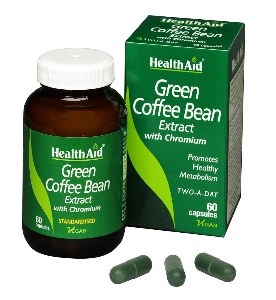 HealthAid Green Coffee Bean-ek 60 kapsula Vegan atera ditu