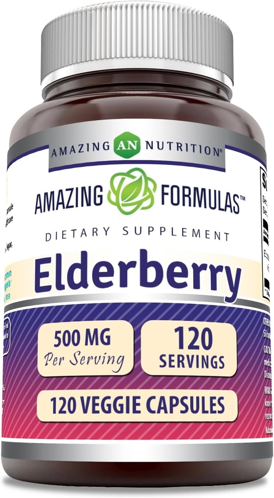 Amazing Formulas Elderberry Supplement | 500 Mg Per 서빙 | 120 Veggie Capsules | 10:1 Concentrate | Non-GMO | 글루텐 프리 | 미국