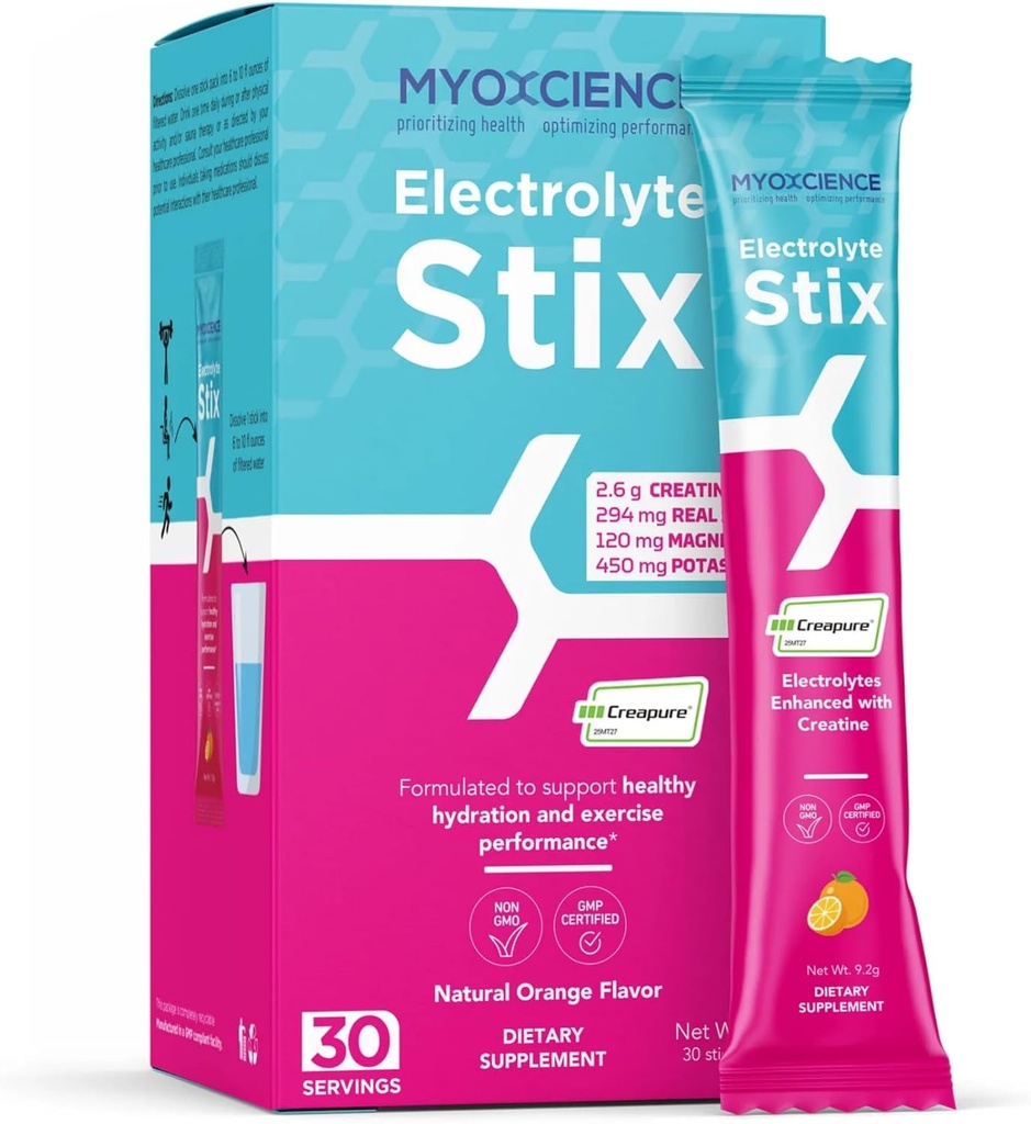 MYOXCIENCE Électrolyte STIX , Poudre d'électrolyte de créatine Récupération de l'exercice et du développement musculaire avec/réel sel (arôme d'orange naturel) (Stix 30 ct)