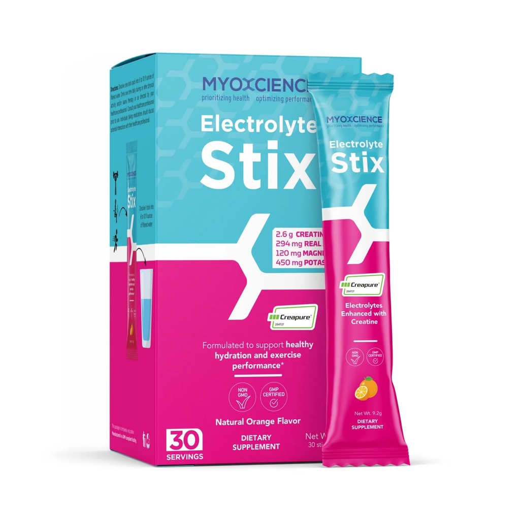 MYOXCIENCE Electrolyte STIX | Creatine Electrolyte Powder | Recovery from Exercise & Muscle Development w/Real Salt (Natural Orange Flavor) (Stix 30 ct)