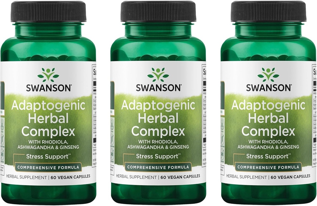 Swanson Rhodiola Ashwagandha Ginseng Complex Mood Energy Immune Function Nervous System Stress Support Adaptogen Herb supplement 60 Capsules (3 Pack)