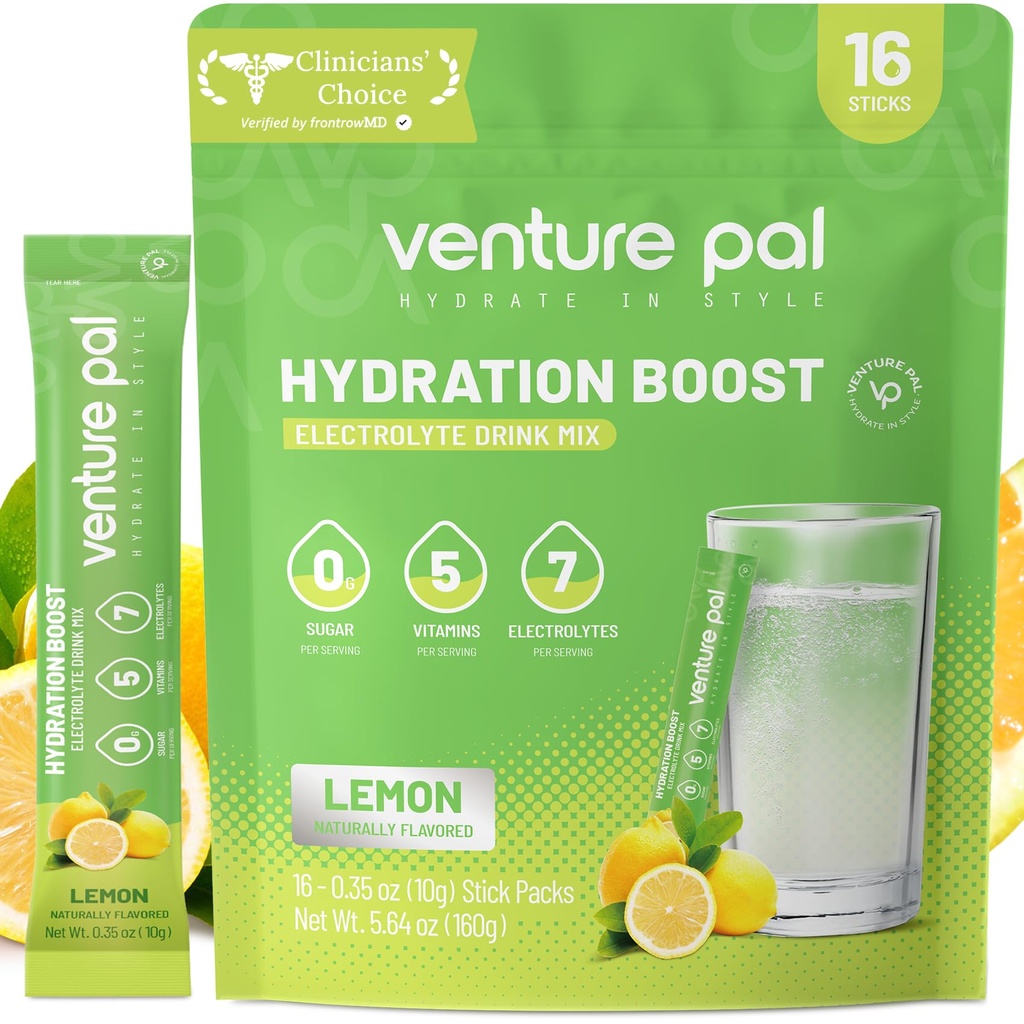 Venture Pal Sugar Free Electrolytes Powder Packets - Liquid Daily IV Hydration Packets | Instantly Hydrating & Party Recovery | 5 Vitamins & 7 Electrolytes | Certified Vegan, Keto, Non-GMO | 16 Sticks