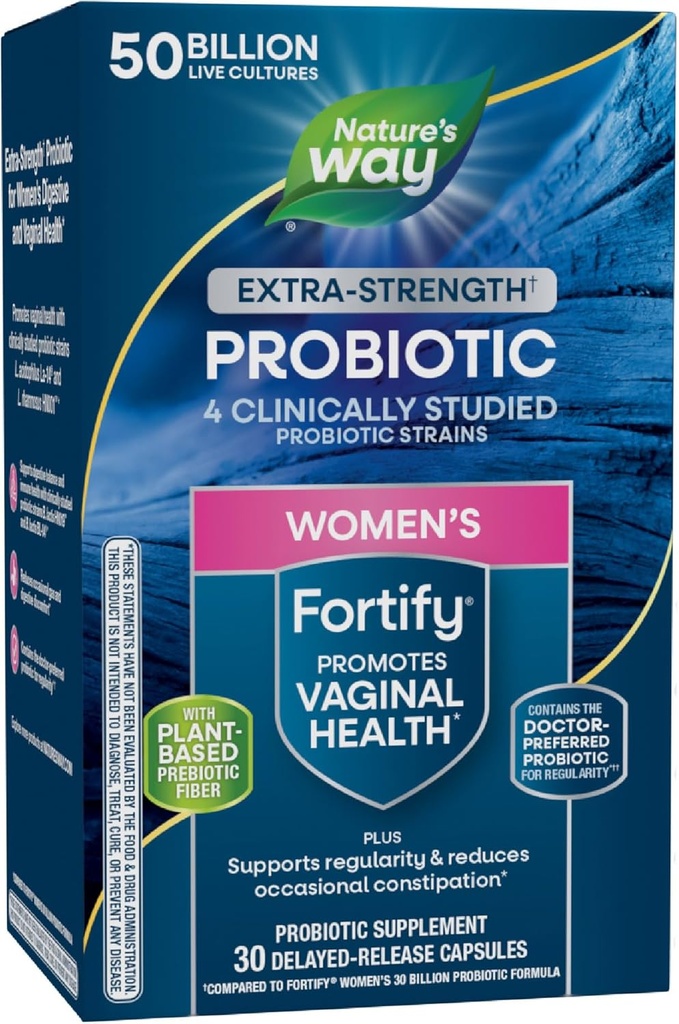 Nature's Way Women's Extra Strength(1) Fortify Probiotic 50B Cultures, Supports Digestief, Vaginaal & Immune Health*, Plant-Based Prebiotic Fiber, Non-GMO Project Geverifieerd, 30 Capsules