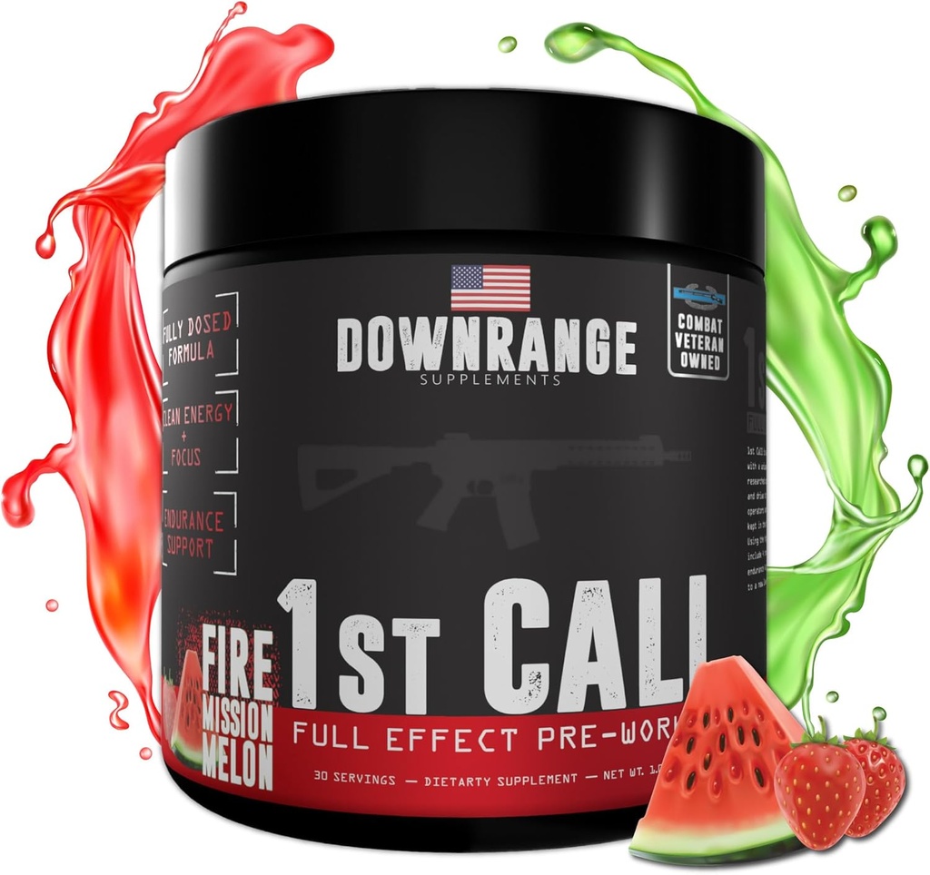 DownRange 1st Call Pre Workout Powder, Preworkout para homes e mulleres, beta alanina de aminoácidos e cafeína para bomba, soporte de enerxía e foco, 30 servizos (Strawberry Watermelon)