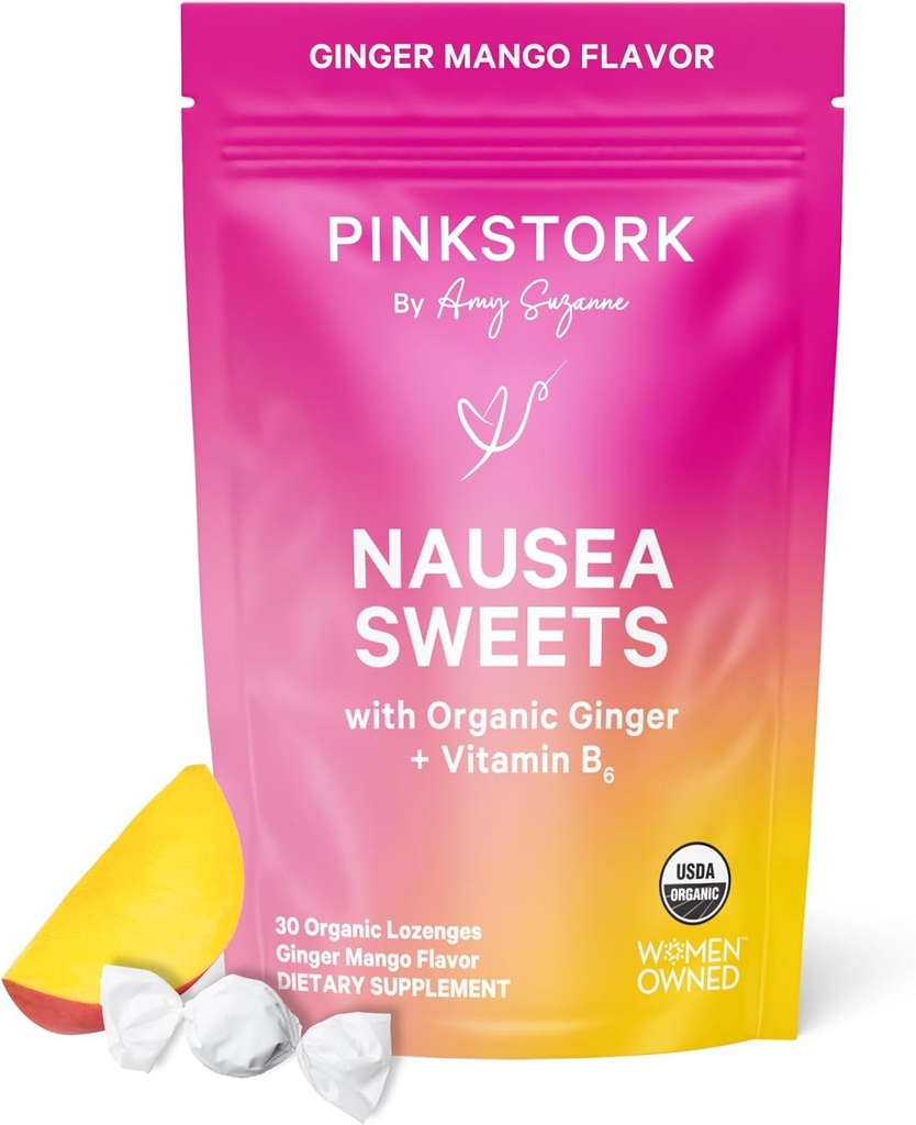 Pink Stork Organic Mango Sweets with Vitamin B6 for Morning Sickness and Motion Sickness, Añadido Ginger & Vitamin B6, 1st Trimester Pregnancy Must Haves - 30 Wrapped Candies