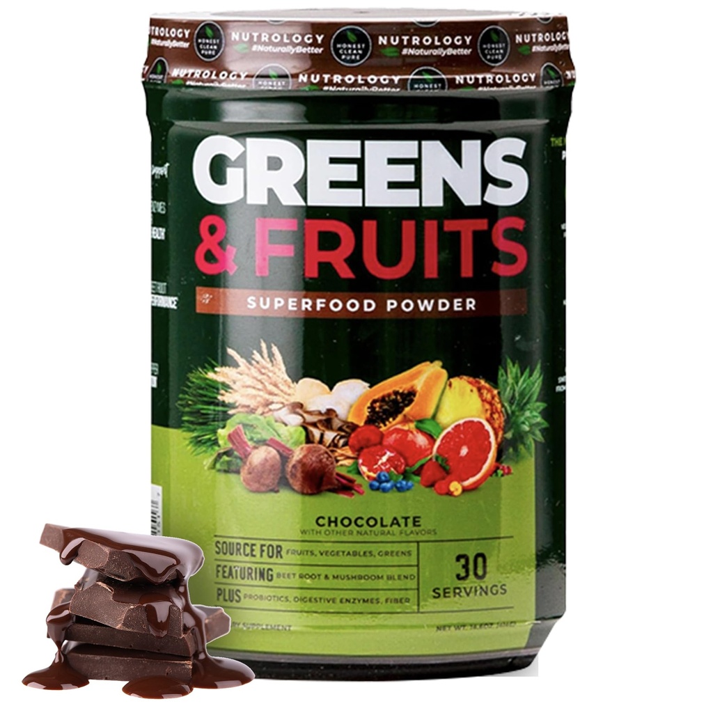 Nutrology Greens & Fruits Powder-Naturally Sourced Fruits, Vegetables, Beet Powder & Mushroom Blend, Probiotics, Digestive Enzymes, Fiber, Antioxidants, Immune Support, Gluten Free - Chocolate