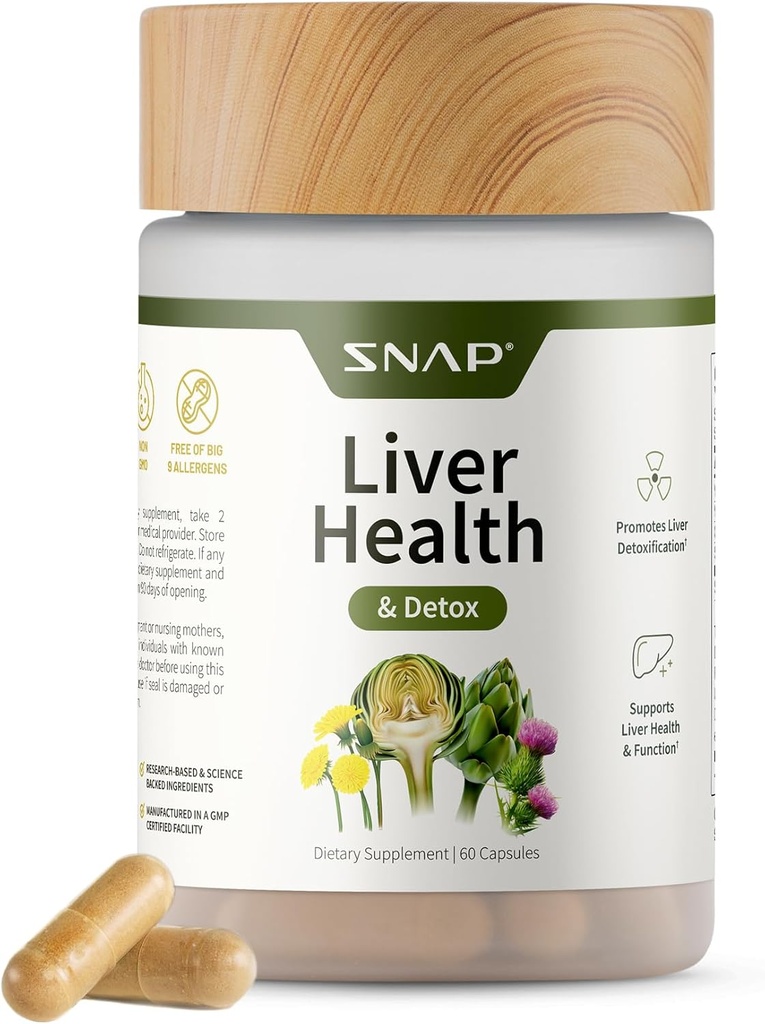 Snap Supplementen Lever Gezondheid & Detox Supplement - Natuurlijke ondersteuning voor lever en spijsvertering, 60 Vegetarische Capsules (1 maand levering)
