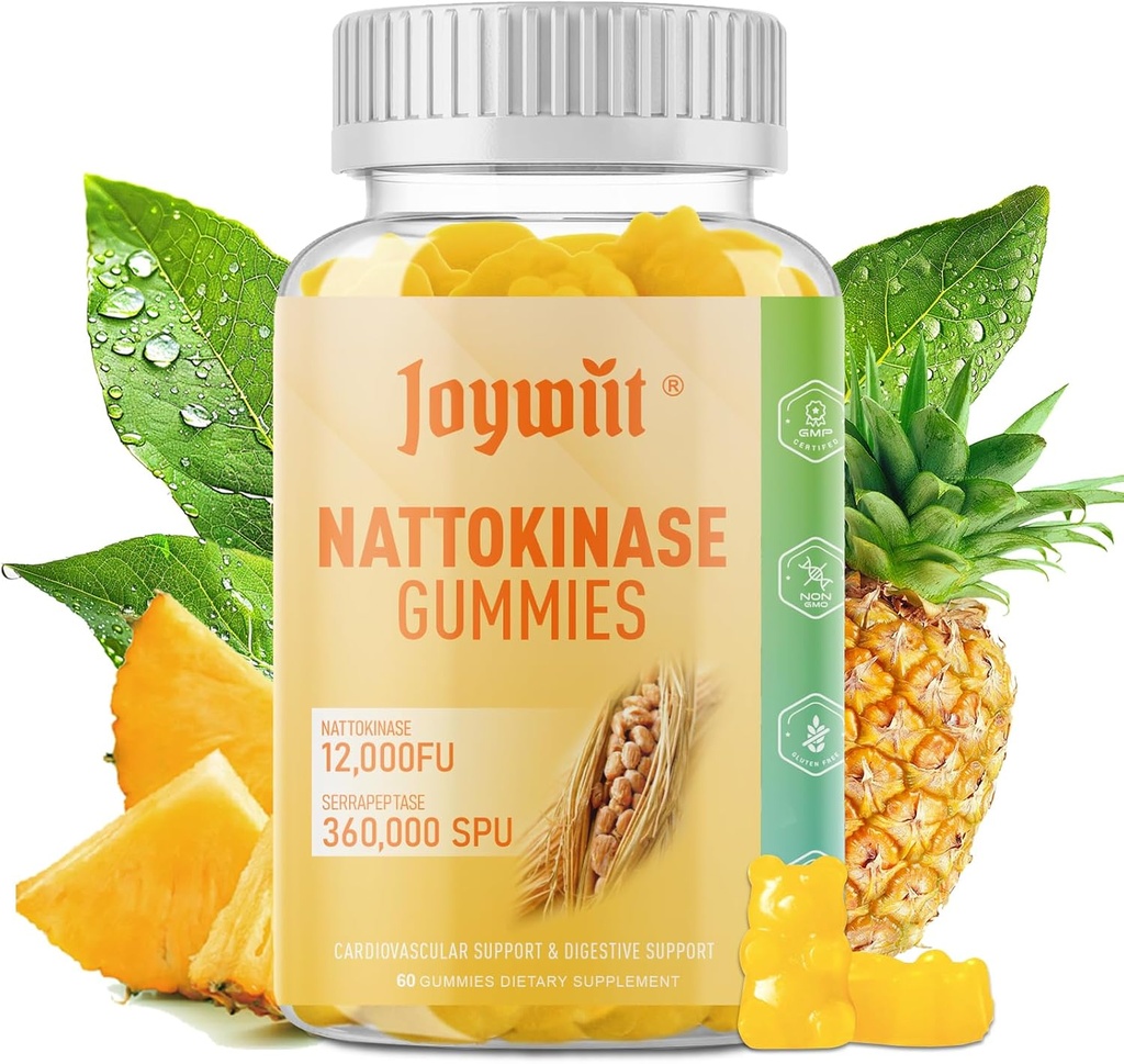 Nattokinase Gummies 12,000 FU, Serrapeptase Gummies 360.000 SPU Enzyme Phụ trợ cho Bromelain Papain & Inulin cho Circulatry, Gut, toldion, Vegan, Non GMO, 60 Count