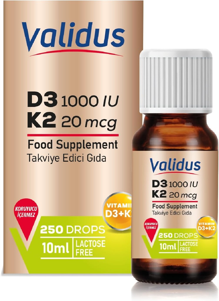 VALIDUS Vitamin D3K2 Drops – High Potency Vitamin D3 + K2 MK-7, 250 Liquid Drops, Enhanced Absorption for Bone & Heart Health, Supports Immune Function, Non-GMO, Gluten-Free, Easy to Use, 10 ml