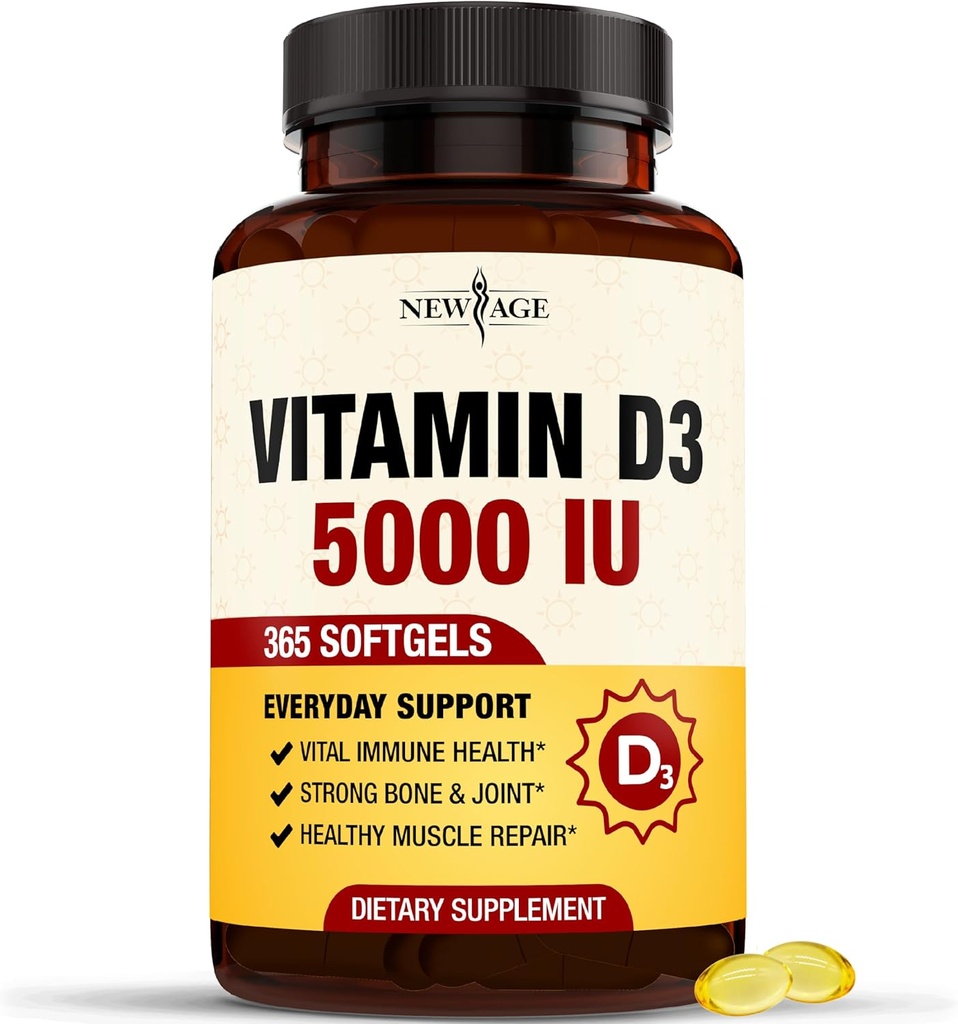 NIEUWE AGE Vitamine D3 5000 IE 125 mcg Softgels - Ondersteuning Immune Support, Strong Bone Health - Non-GMO, Glutenvrij, Dairy-Free,1 Year Supply (360 Softgels (pack van 1))