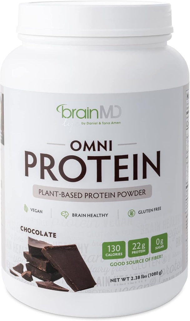 BRAINMD Dr. Amen Omni proteino šokoladas - 2.38 lbs - Planuojama baltymų milteliai - Skatina energijos ir pratybų atkūrimo - Veganas, Vegetaras, Cukrus nemokamai, Gluten Free - 30 Paslaugos