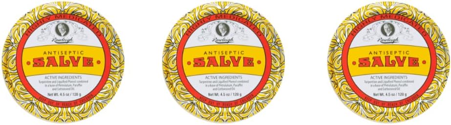 Rawleigh Antiseptic Salve Iconic Yellow Big Tin: 4.5 oz, Multi-Purpose Ointment Soothes Cuts, Натъртвания, Иритации, с Turpentine, Фенол, Памучно масло и Парафин, Оригинална формула - Опаковка от 3