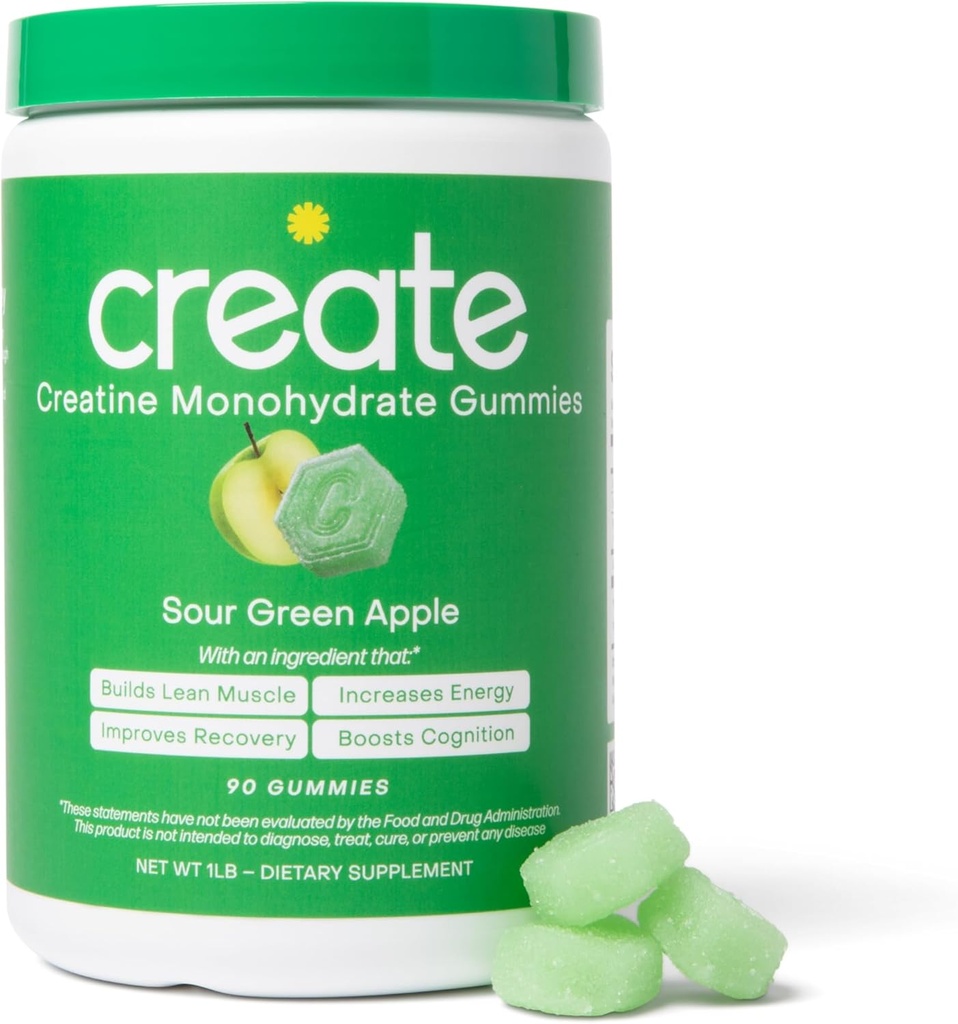 Creatine Monohydrate Gummies for Men & Women - Boost Focus, Strength, Endurance, Anti-Melting Formula, Vegan, Gluten-Free, Non-GMO, 1.5 Gram Creatine per Gummy (Sour Green Apple, 90 ct)