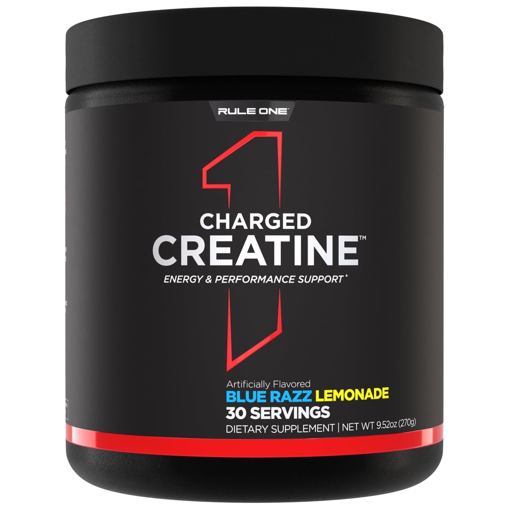 Rule 1 Proteins Charged Creatine - Multi-Function Workout Supplement with Creatine, Electrolyte, and Energy Blends for Intensity, Performance, & Hydration Support (30 Servings, Blue Razz Lemonade)