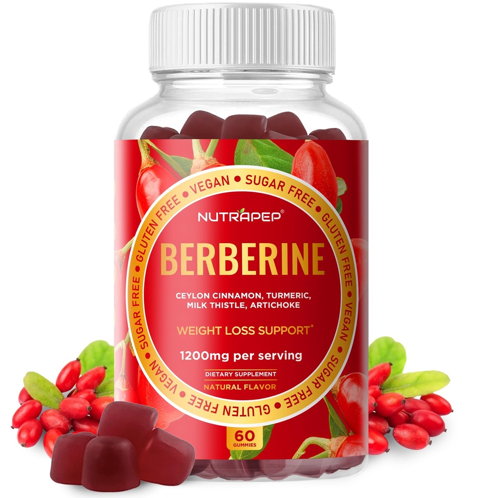 NutraPep Premium Berberine HCl Weight Loss Support Gummies - 1200 mg Berberine HCl with Ceylon Cinnamon Turmeric Milk Thistle Artichoke for Metabolism Appetite Support - Sugar Free Gluten Free