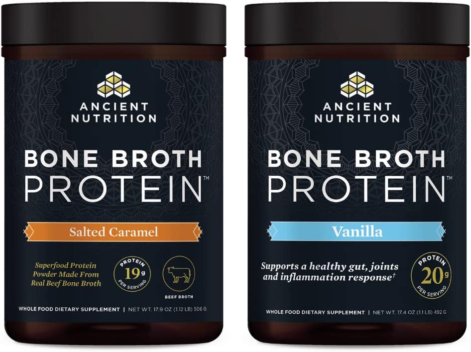 Ancient Nutrition Beef Broth Protein Powder, Soled Caramel, 20 Servings + Bone Broth Protein Powder, Vanilla, 20 Serving