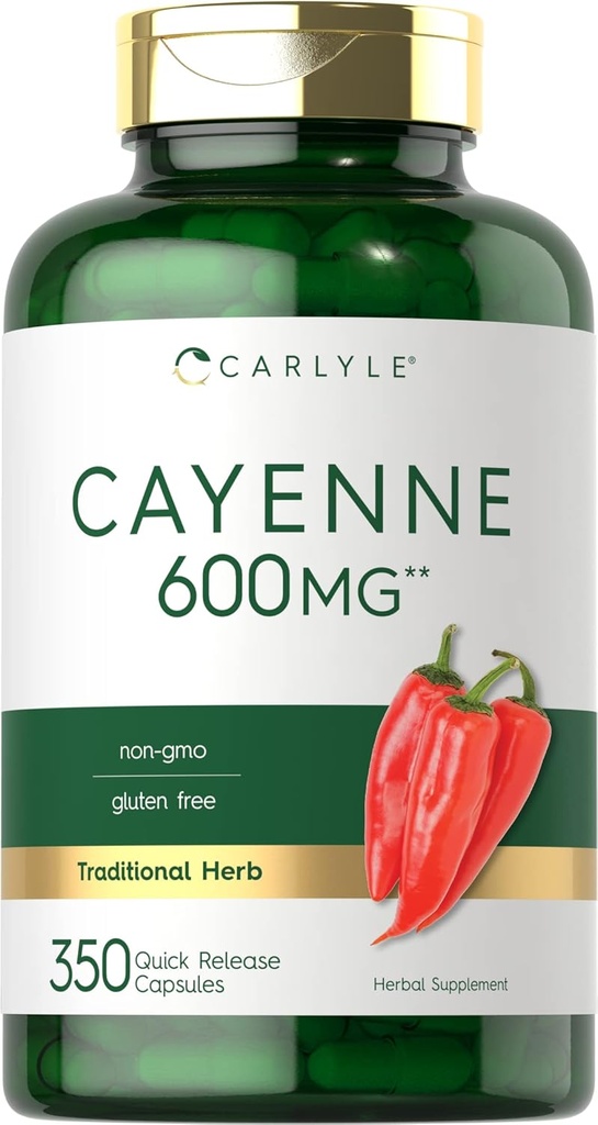 Carlyle Cayenne Pepper Capsules 600mg → 350 Pills → Non-GMO, Gluten免费补编