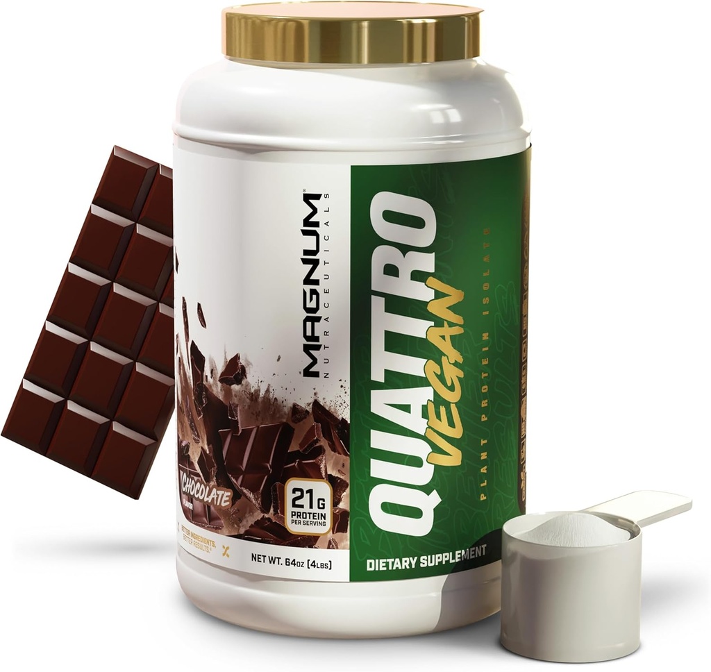 Magnum Nutraceuticals Quattro Vegan Protein Powder, Chocolate 2lb - Premium Plant-Based Protein Powder Isolate for Muscle Growth & Recovery