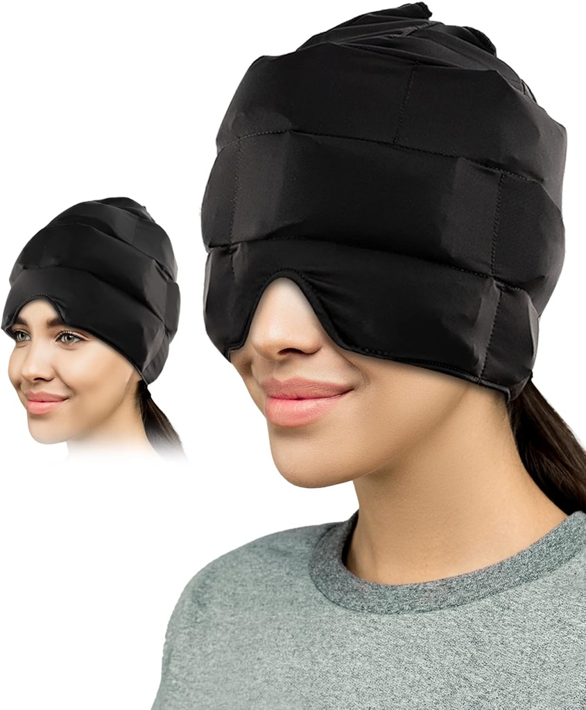 Headache eta Migraine Relief Ice Cap | Patented Wearable Headache Relief Hat for Migraines, Chemo, Sinus Relief, Head Tension | Comfortable, Stretchy, Dark, Long Duration Cold Therapy
