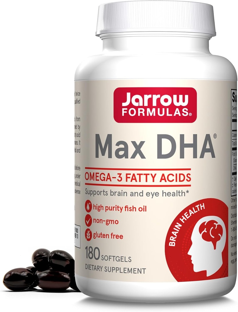 Jarrow Formulas MaxDHA - 180 Softgels - Magas tisztaságú halolaj - Supplement Supports Brain & Eye Health - Összpontosítva Omega3 zsírsavak és dúsított DHA - 90 Servings