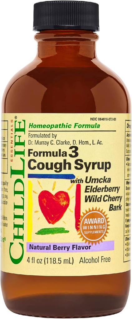 ChildDLIFE Essentials Formula 3 Syrop z kaszlu dla dzieci - dla dzieci Cough Medicine for Kids 2- 11, z Umcka, Elderberry & Wild Cherry Bark, Gluten Free - Natural Berry, 4 Fl Oz