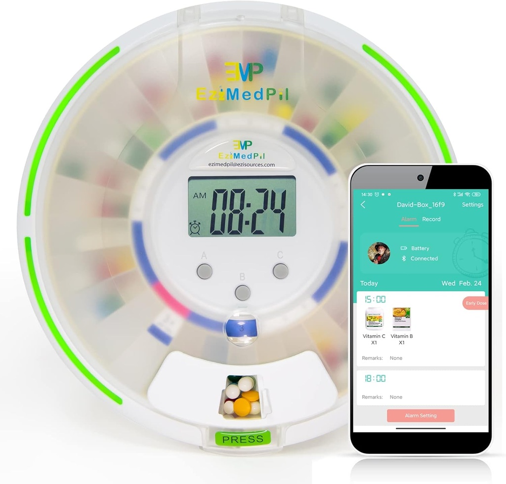 EziMedPil Bluetooth Pill Dispenser w/Sound & App Alert, până la 9 alarme/zi, Ezi-Read LCD, Frosted Lid & Locked 28-Day Medication Dispenser pentru protejarea confidențialității pastile