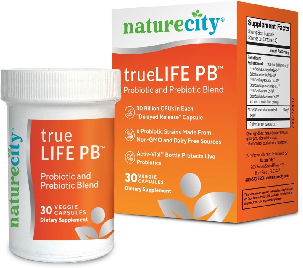 NatureCity True-Life-PB Rokavice Stable Blend Prebiotics in Probiotics za ženske in moške - Prebavne Gut Health dopolnila za ženske in moške - Dairy Free - (30 Veggie kapsule)