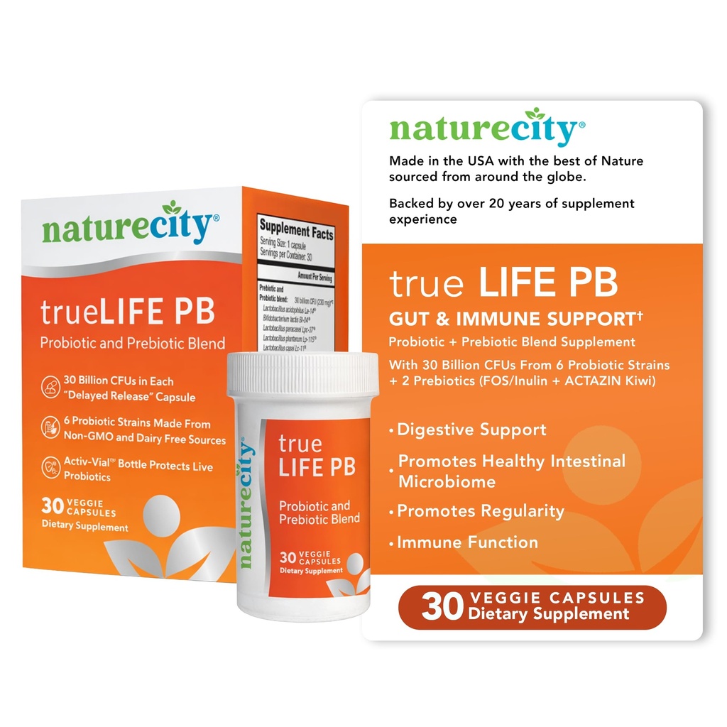 NatureCity True-Life-PB Shelf Stable Blend Prebiotics and Probiotics for Women and Men - Digestive Gut Health Supplements for Women and Men - Dairy Free - (30 Veggie Capsules)