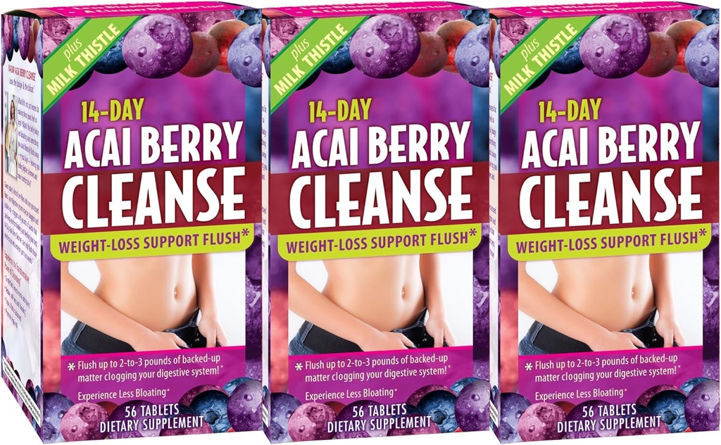 Stosowana odżywka 14- dzień Acai Berry Cleanse - 56 tabletek, Opakowanie 3 - Weight- Loss Support Flush + Mleko Thistle - 84 Łączne służby