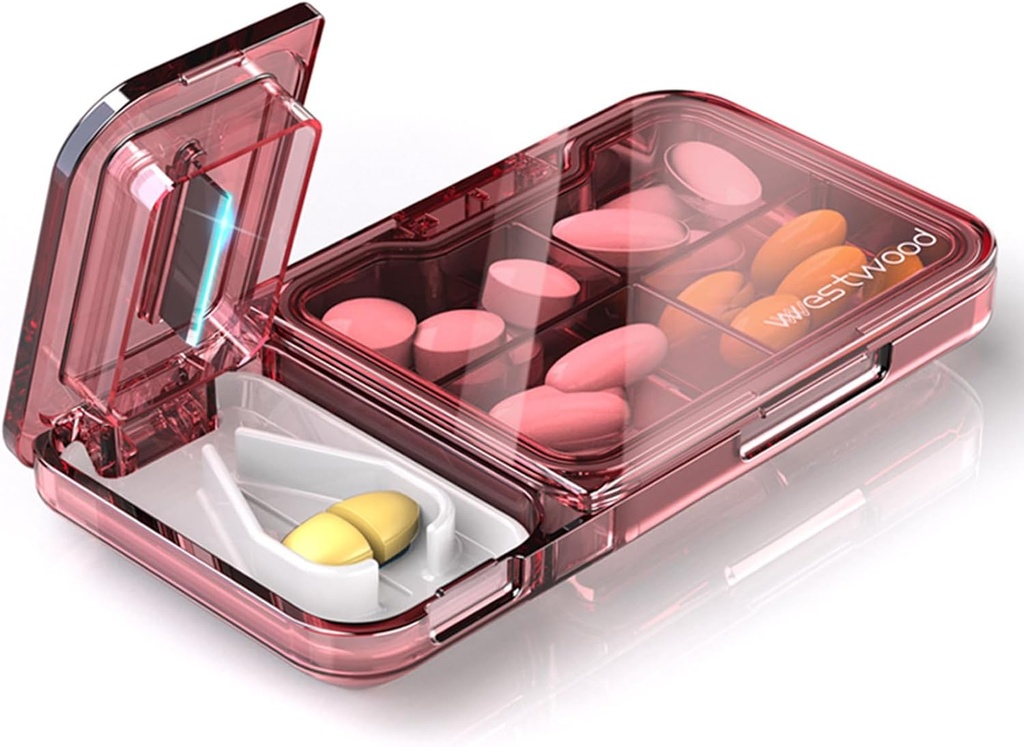 Reise Pille Organizer mit Pille Cutter Splitter, 4 Komponenten Pille Case, kleine Pille Box für Taschengeld, Tägliche Pille Behälter, um Vitamine Cod Liver Öl Ergänzungen, Medizin Planner (Pink)