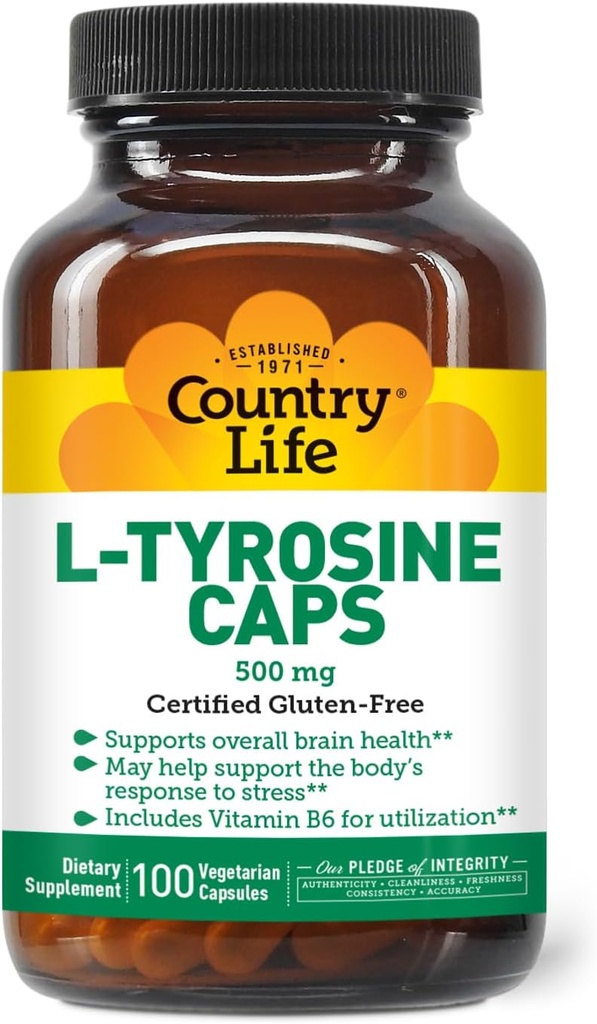 Country Life L-Tirosina 500mg com Suplemento Vitamina B6 - Certificado sem glúten, Vegetariano, Kosher, Impulsiona foco & energia, Suporta saúde cerebral, Melhora a clareza mental, Não-GMO - 100 Cápsulas