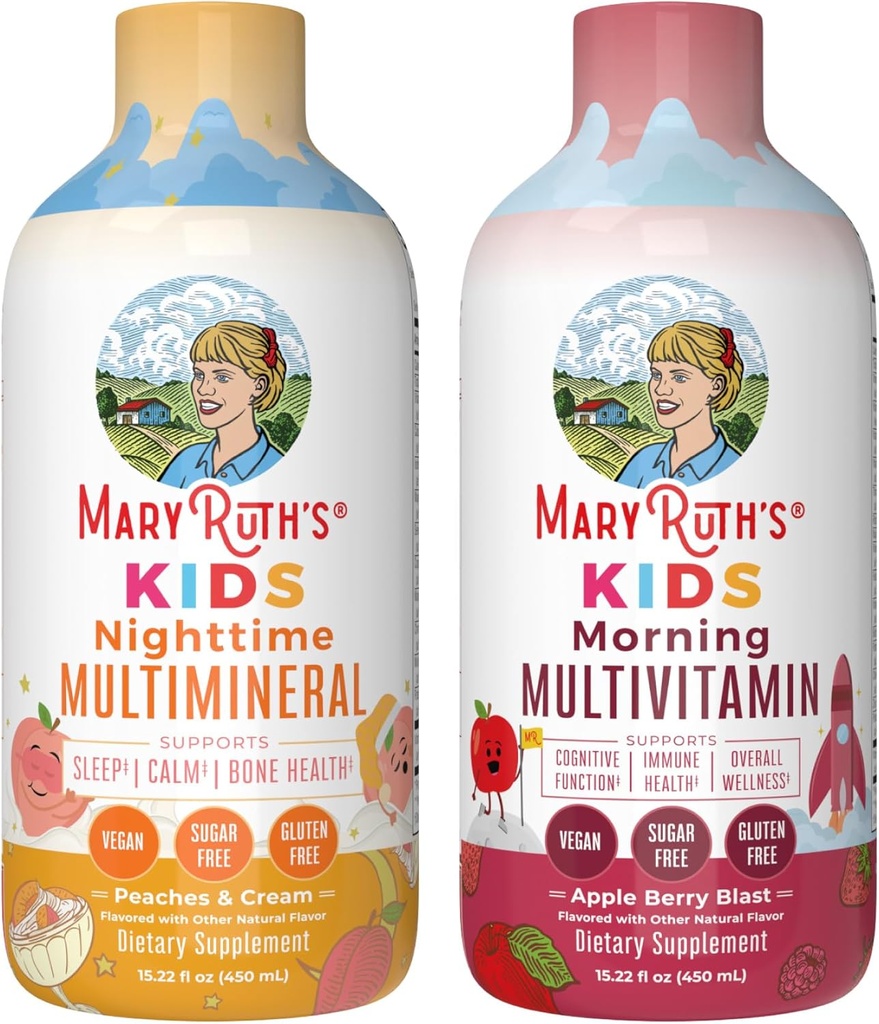 Multivitamínico líquido de MaryRuth (Apple Berry) & Multimineral nocturna (Peaches & Cream) para crianças
