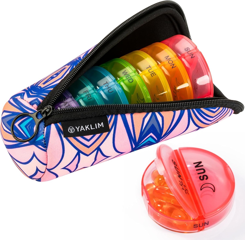 Organitzador Yaklim Pill 2 Times al dia, excel·lent qualitat Neoprene travel Pull Box, AM/PM Setmanal Pill, 07 dies amb dipòsit d'emmagatzematge Zipper per als Petrolis de Fussa suplementaris (Pink)