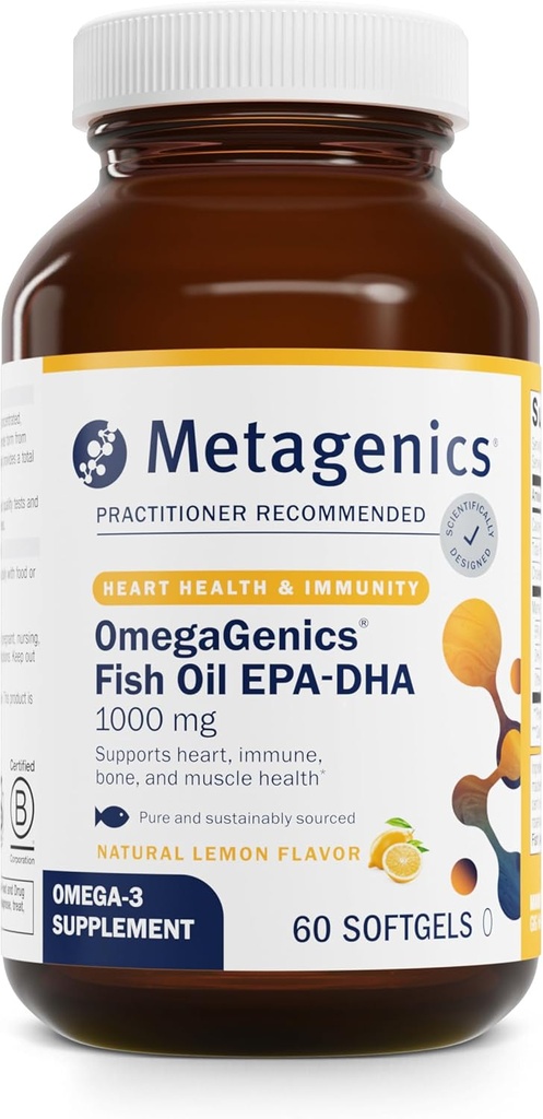 Metagenics OmegaGenics EPA-DHA 1000 mg - Integratore di olio di pesce Omega-3 ad alta potenza per il cuore, il cervello e la salute comune* - Sostenibilmente Sourced - 60 Softgels