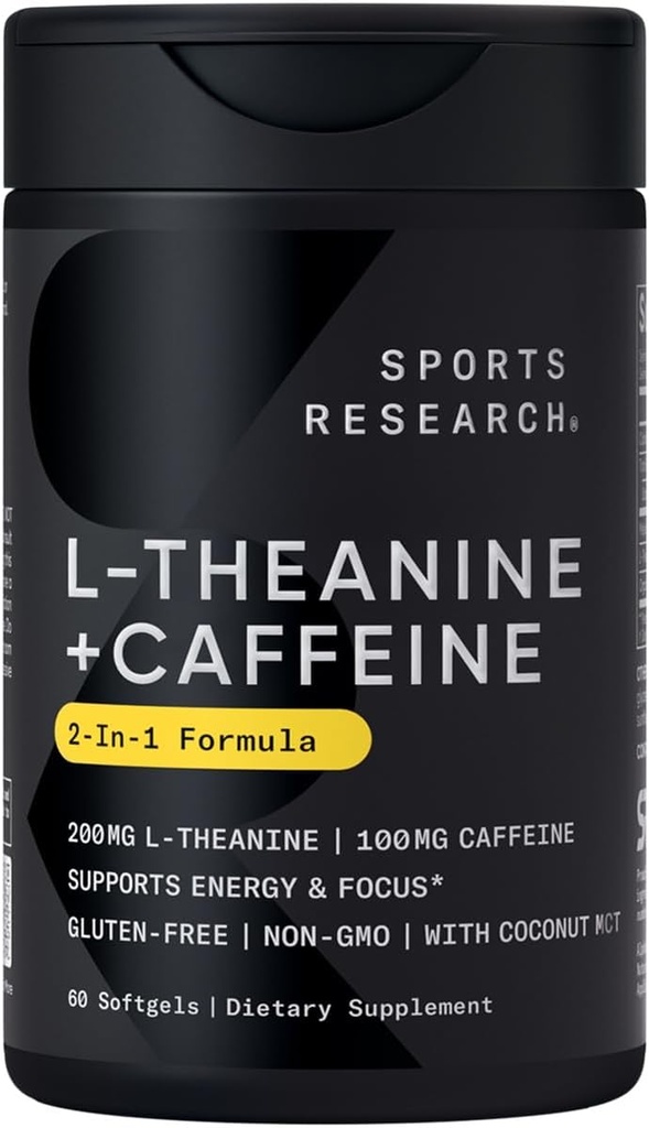 Ricerca sportiva L-teanina Integratore con Caffeina & Coconut MCT Olio - Energia concentrata, Alertness & Relax Senza Drowsiness - 200mg L Theanine, 100mg Organic Caffeine - 60 Liquid Softgels