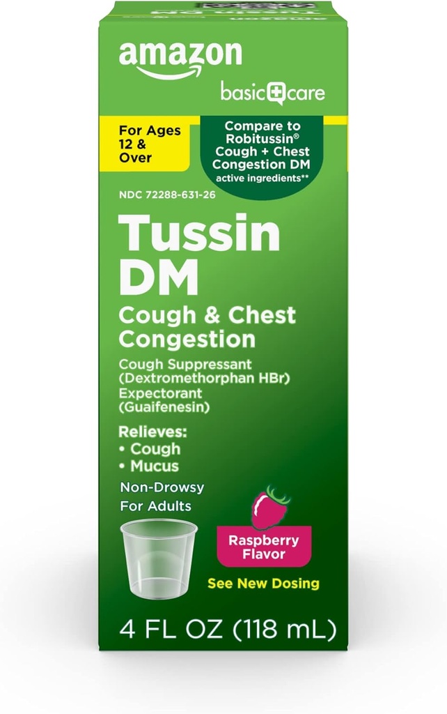 Chăm sóc cơ bản Tusin DM, Cough Plus Cho người lớn, 12 tuổi, và over, Raspberry Flavor, 4 blz (Pack 1)