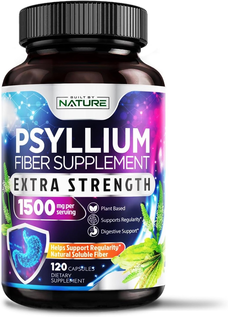 Psyllium Husk Capsule 1500mg - Integratore di fibre - Pillole di fibre solubili naturali con polvere di Psyllium Husk - Supporta Gut digestivo e salute del colon - Non OGM, Senza glutine, Vegan - 120 capsule