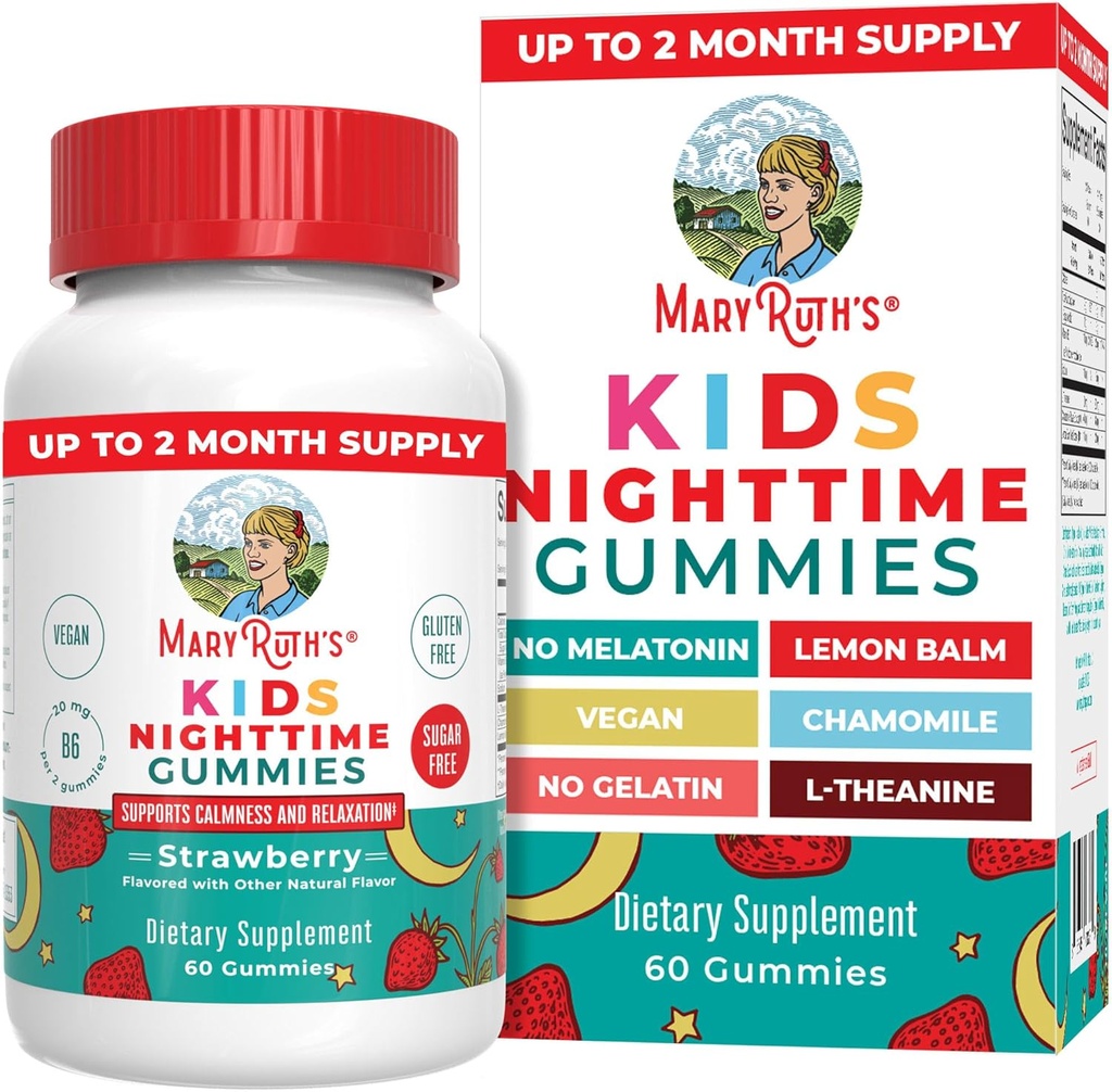 MaryRuth Organics Kids Nighttime Gummies | Sugar Free | NO Melatonin mit L Theanine, Zitronenbalsam, Kamille, Vitamin B6 | Relaxing Support für Kinder 2+ | Vegan | Non-GMO | Gluten Free | 60 Count