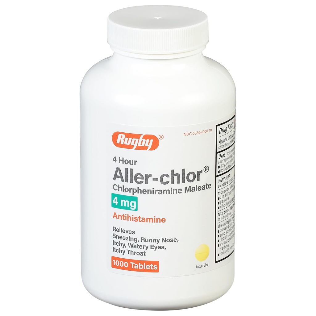 Rugby 4 ore Aller-chlor - Chlorpheniramine Maleate 4 mg - Antihistamine - 1000 compresse (1 confezione)