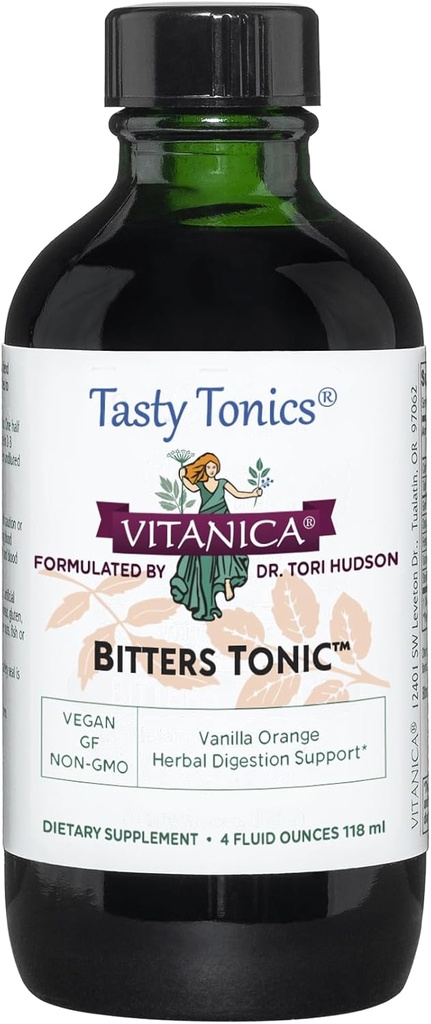 Vitanica Bitters Tonic, Liquid Digestie Supplement, Digestie Ondersteuning, Alcoholvrij, Vanille Orange, Vegan, 4 Ounce (Bitters Tonic)
