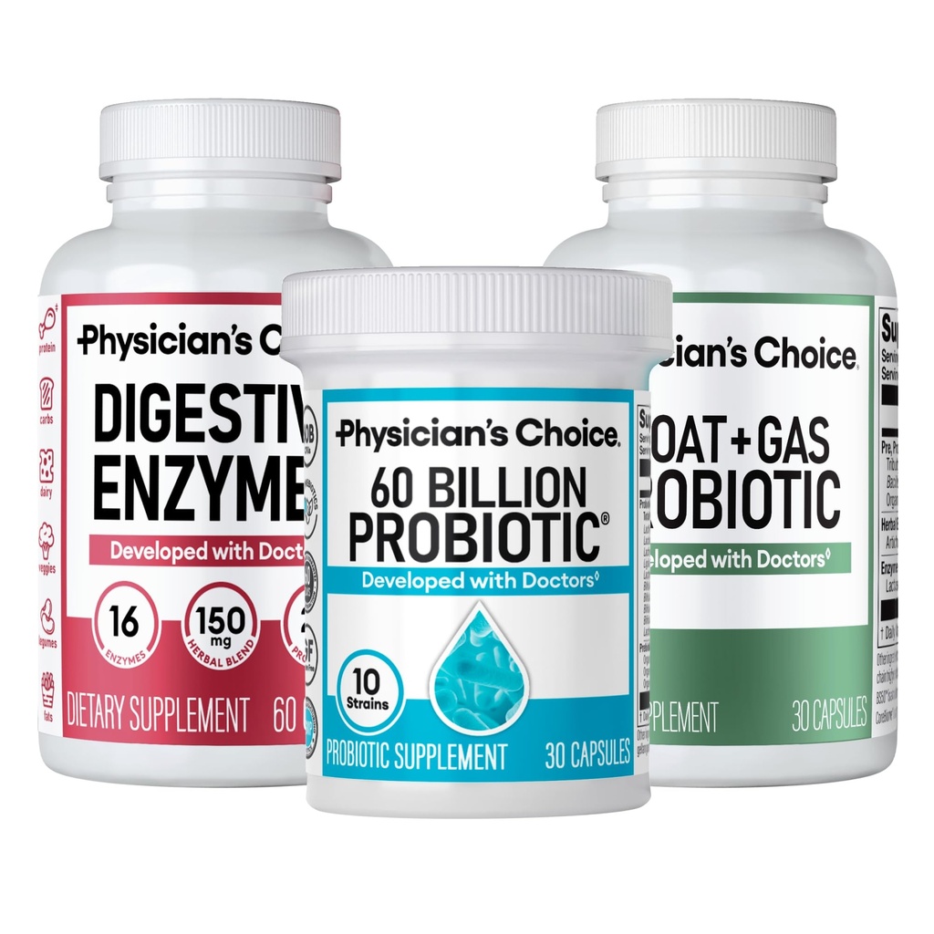 Physician's CHOICE Gut Guardian Bundle: 60 Billion Probiotic 30ct + Bloat & Gas Probiotic 30ct + Digestive Enzymes 60ct
