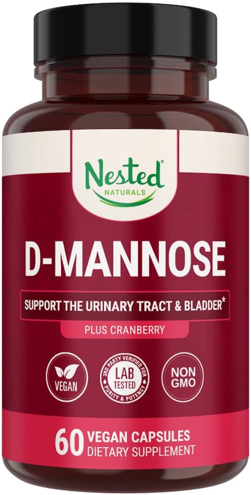 Nested Naturals D-Mannose 500mg Caspules with Cranberry Extract, D Mannose Cranberry Pills, Urinary & Bladder Support, 60 Vegan Capsules