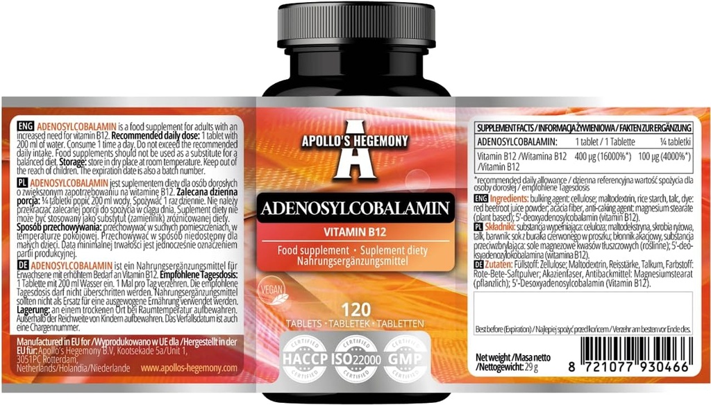 APOLLO's HEGEMONY Adenosylcobalamin 120 Tablet - Bioavailable bitamina B12 optimoa Energiaren Metabolismo Hobetzeko - 480 zerbitzu - Dieta osagarria