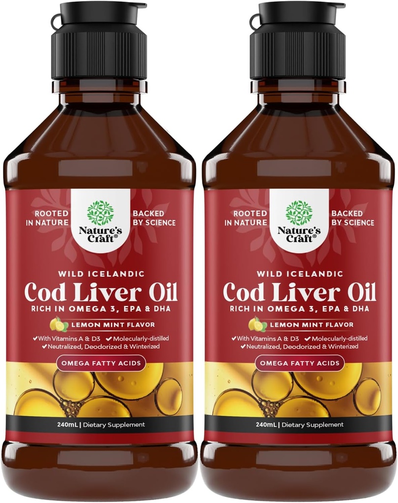 Islandský voľne žijúci chytený cod Liquid Liquid - rybí olej kvapky s Omega 3, EPA, DHA, vitamín D & A - Liquid Cod Pečeň Supplement for heart, Joint, Brain & Immune Support - 240 ml (8 ounce) 2 balenie