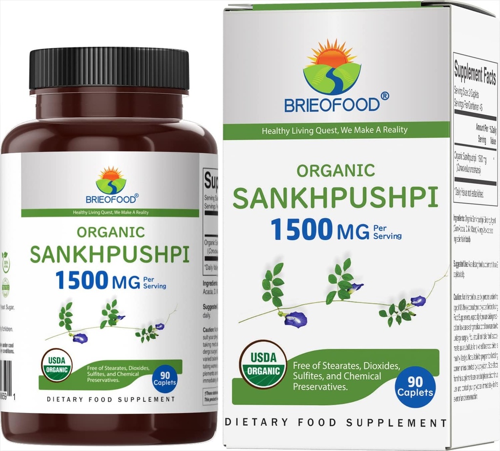 Brieofood Organic Sankhpushpi 1500mg, 45 zerbitzari, Vegetarian, Gluten Free, 90 Vegetarian Tablets