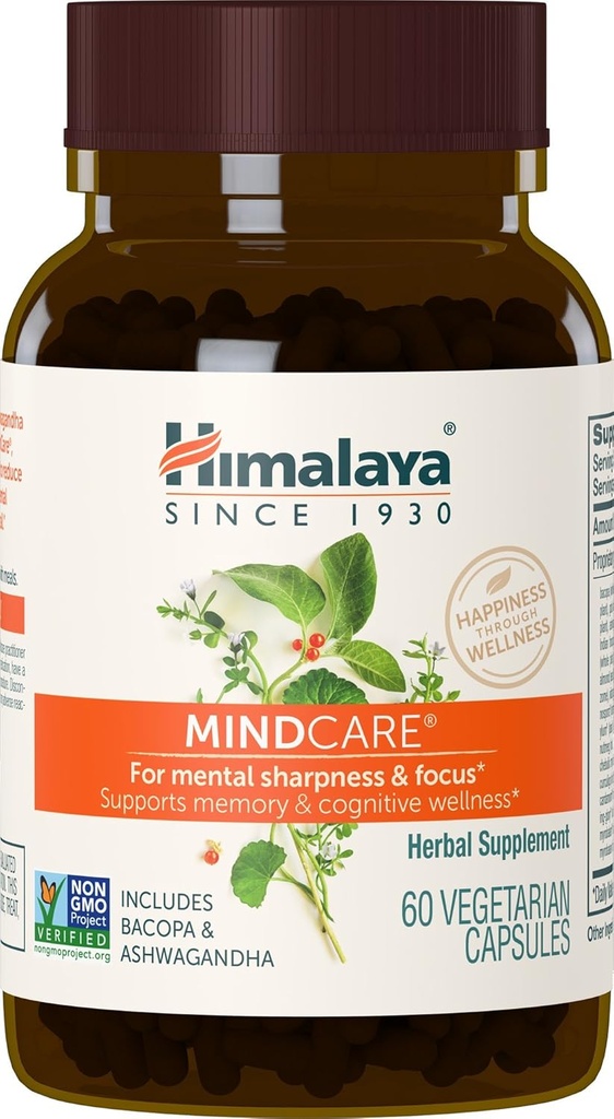 Himalaya MindCare - Nootropic Herbal Suplemen Otak untuk Dukungan Memori dan Fokus - Vegan, Non-GMO, Gluten Bebas, 1170 mg, 60 Kapsul