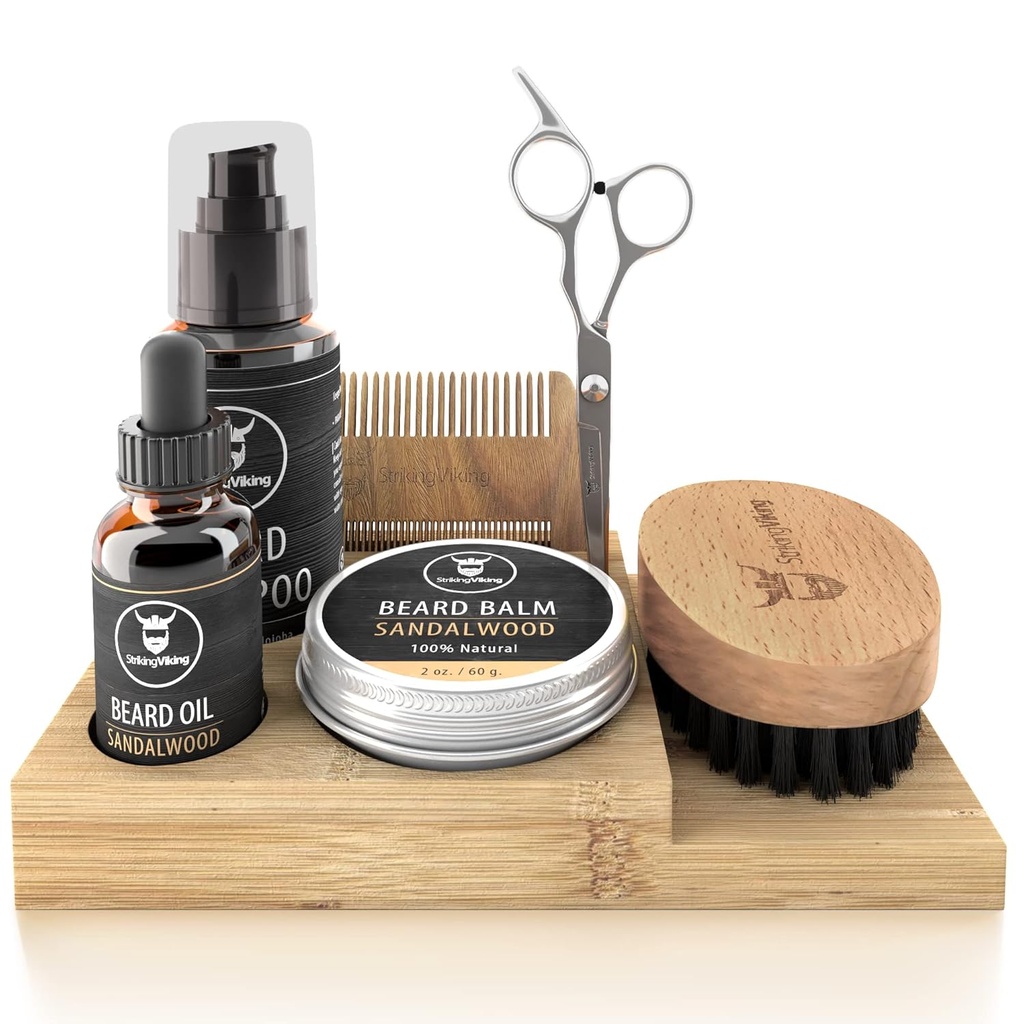 Striking Viking Parta Kasvu Kit - 7-Piece Set, Sandalwood Scent & Caddy - Öljy & Balm partaharjalla, Dual-Sided Comb & Sakset sekä Viiksi Comb for Grooming & Styling